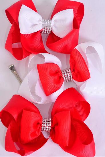 Hair Bow Jumbo Double Layered Bow Grosgrain Bow-tie Red and White Mix / 12 pcs Bow = Dozen Alligator Clip , Size - 6" x 5" Wide , 4 of each Pattern Asst , Clip Strip & UPC Code