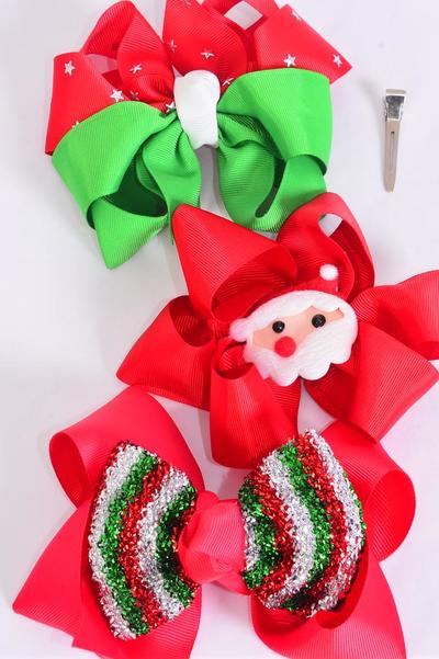 Hair Bow Jumbo Christmas Splendid Christmas Grosgrain Bow-tie / 12 pcs Bow = Dozen  Christmas , Alligator Clip , Bow Size - 6" x 5" , 4 of each Pattern Asst , Clip Strip & UPC Code