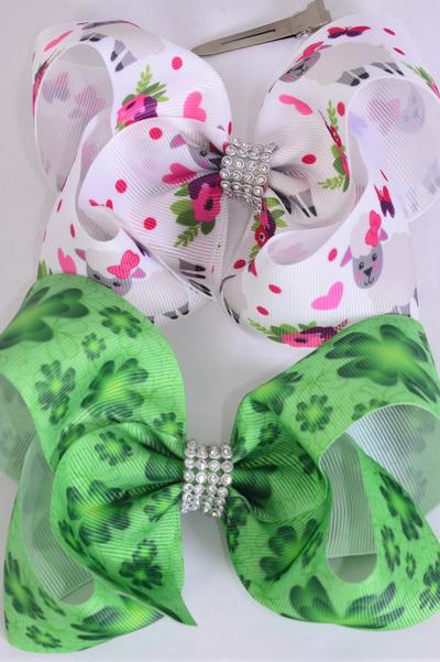 Hair Bow Jumbo Clover Cute Sheep Mix Grosgrain Bow-tie/ 12 pcs Bow = Dozen Alligator Clip , Size - 6" x 5" Wide , 6 Of Each Pattern Asst , Clip Strip and UPC Code