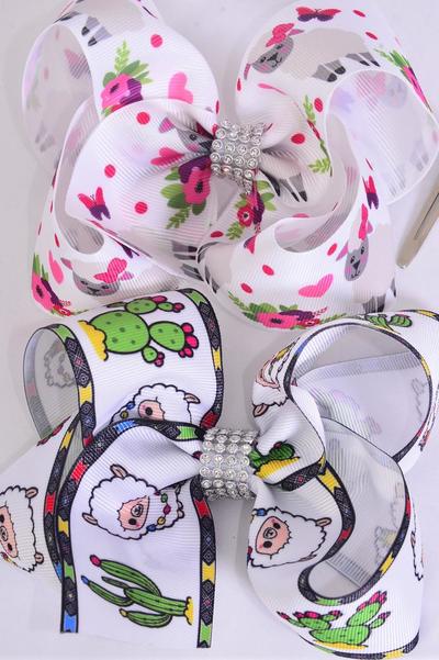 Hair Bow Jumbo Llama Cactus Sheep Pattern Mix Grosgrain Bow-tie / 12 pcs Bow = Dozen  Alligator Clip , Size - 6" x 5" Wide , 6 Of Each Pattern Asst , Clip Strip & UPC Code