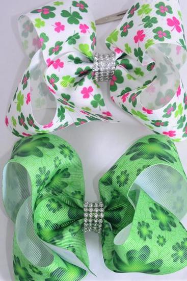 Hair Bow Jumbo Clover Shamrock Mix Grosgrain Bow-tie / 12 pcs Bow = Dozen Alligator Clip , Size-6"x 5" Wide , 6 Of Each Pattern Asst , Clip Strip & UPC Code