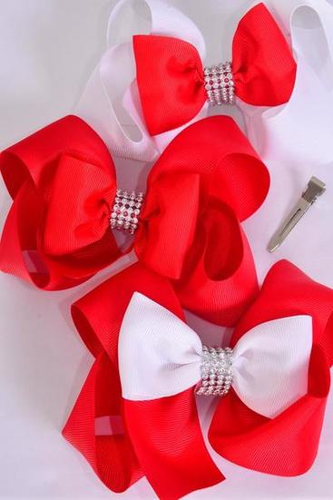 Hair Bow Jumbo Double Layered Bow Grosgrain Bow-tie Red and White Mix / 12 pcs Bow = Dozen Alligator Clip , Size - 6" x 5" Wide , 4 of each Pattern Asst , Clip Strip & UPC Code