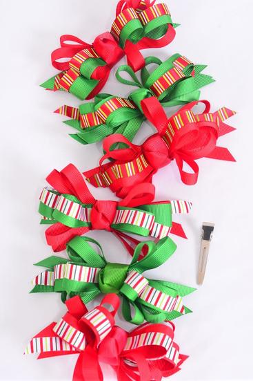 Hair Bow Large Christmas Loop Bow Candy Stripe Grosgrain Bow / 12 pcs Bow = Dozen  Christmas , Alligator Clip , Bow Size - 4" x 3" Wide , 2 of each Pattern Asst , Display Card & UPC Code , W Clear Box