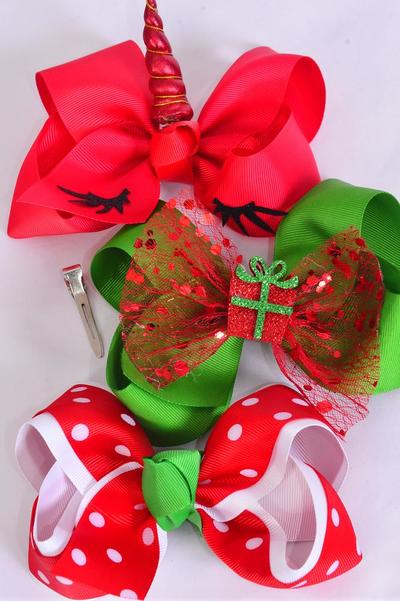 Hair Bow Jumbo Christmas Pattern mix Grosgrain Bow-tie / 12 pcs Bow = Dozen Christmas , Alligator Clip , Size - 6"x 5" Wide , 4 Of Each Pattern Asst , Clip Strip & UPC Code