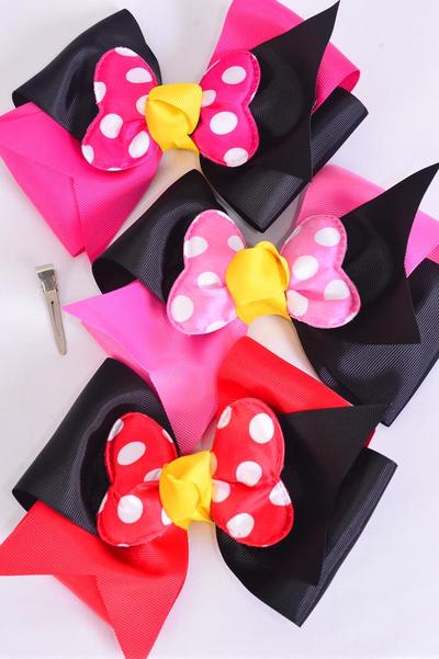 Hair Bow Extra Jumbo Cheer Type Bow Double Layered Polka dot Grosgrain Bow-tie Pink Mix / 12 pcs Bow = Dozen  Alligator Clip , Size - 7" x 6" Wide , 4 of each Pattern Asst , Clip Strip & UPC Code