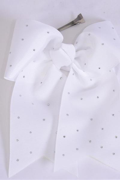 Hair Bow Extra Jumbo Long Tail Cheer Type Bow White Clear Stone Studded Grosgrain Bow-tie / 12 pcs Bow = Dozen  White, Alligator Clip, Size - 6.5" x 6" Wide , Clip Strip & UPC Code