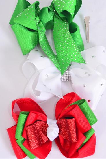 Hair Bow Jumbo Christmas Mix Grosgrain Bow-tie / 12 pcs Bow = Dozen Alligator Clip , Size - 6" x 5" Wide , 4 of each Pattern Asst , Clip Strip & UPC Code