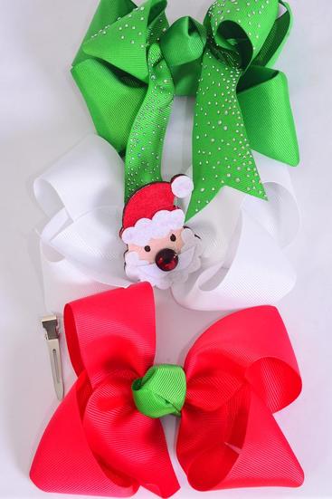 Hair Bow Jumbo XMAS Mix Grosgrain Bow-tie /  12 pcs Bow = Dozen Christmas , Alligator Clip , Size - 6" x 5" Wide , 4 of each Pattern Asst , Clip Strip & UPC Code