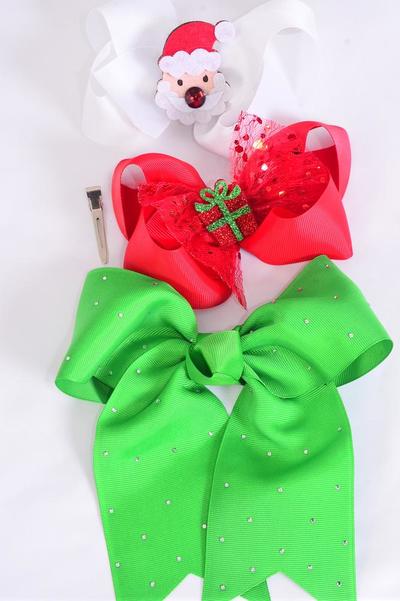 Hair Bow Jumbo XMAS Mix Grosgrain Bow-tie / 12 pcs Bow = Dozen Christmas , Alligator Clip , Size - 6" x 5" Wide , 4 of each Pattern Asst , Clip Strip & UPC Code