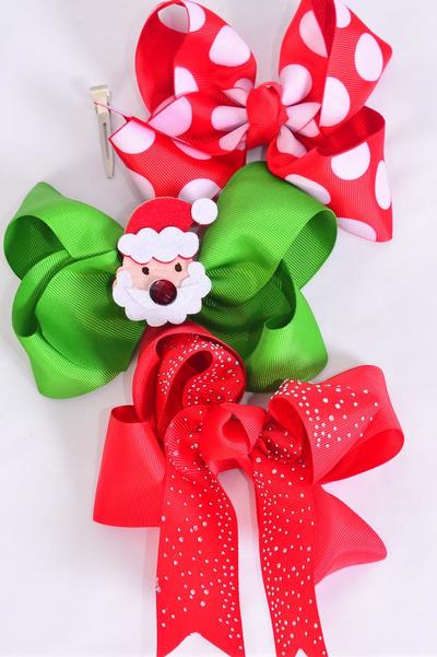 Hair Bow Jumbo XMAS Mix Grosgrain Bow-tie / 12 pcs Bow = Dozen Christmas , Alligator Clip , Size - 6" x 5" Wide , 4 of each Pattern Asst , Clip Strip & UPC Code