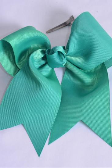 Hair Bow Extra Jumbo Long Tail Cheer Type Bow Caribbean Green Grosgrain Bow-tie / 12 pcs Bow = Dozen  Caribbean Green , Alligator Clip , Size-6.5 x 6" Wide , Clip Strip & UPC Code