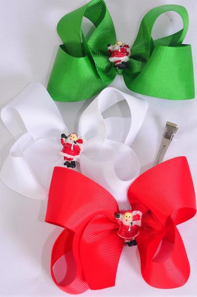 Hair Bow Christmas Santa Charm Grosgrain Bow-tie / 12 pcs Bow = Dozen Santa , Alligator Clip , Size - 3" x 2" Wide , 6 Red , 3 Green  , 3 White Mix , Display Card & UPC Code,W Clear Box