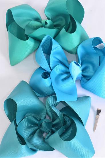 Hair Bow Extra Jumbo Cheer Type Bow Teal Green Mix Grosgrain Bow-tie / 12 pcs Bow = Dozen Green Mix , Alligator Clip , Size - 8" x 7" Wide , 4 Jade Green , 4 Teal Green , 4 Caribbean Green Mix , Clip Strip & UPC Code