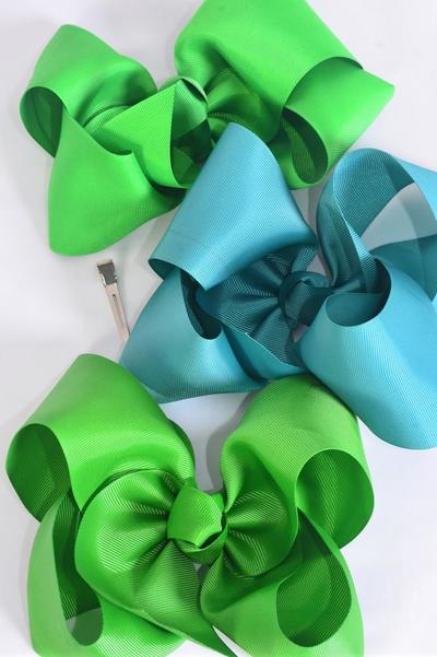 Hair Bow Extra Jumbo Cheer Type Bow Irish Green Mix Grosgrain Bow-tie / 12 pcs Bow = Dozen Green Mix , Alligator Clip , Size - 8" x 7" Wide , 4 Kelly Green , 4 Classic Green , 4  Jade Green Asst , Clip Strip & UPC Code