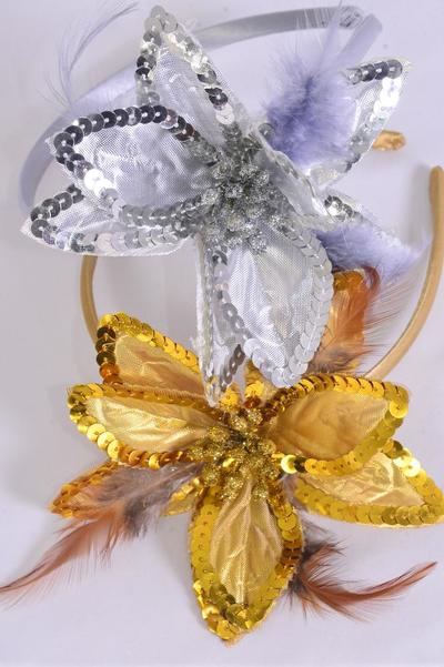 Headband Horseshoe Sequin Flower Feathers Gold Silver Mix / 12 pcs = Dozen Flower Size - 5" Wide , 6 Gold , 6 Silver Mix , Hang tag & UPC Code , Clear Box