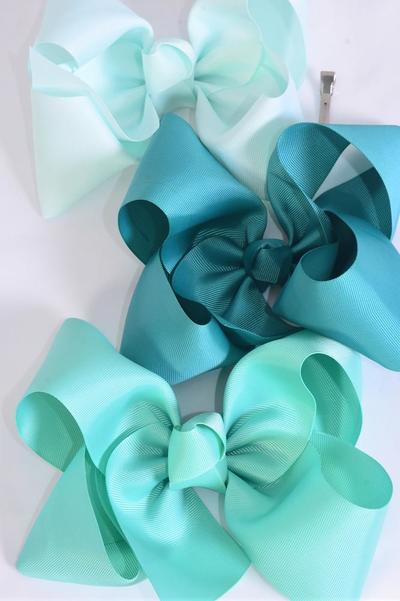 Hair Bow Extra Jumbo Cheer Type Bow Green Mix Grosgrain Bow-tie / 12 pcs Bow = Dozen Green Mix , Size - 8" x 7" Wide , Alligator Clip , 4 Jade Green , 4 Mint Green , 4 Aqua Mix , Clip Strip & UPC Code