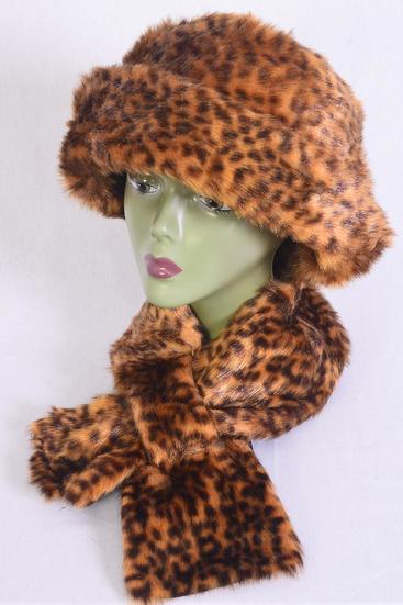 Hats Womens Leopard Plush Faux Fur Bucket Hat Scarf Matching Sets / Sets  Leopard , Scarf - 36" x 5.5 Wide , W OPP Bag