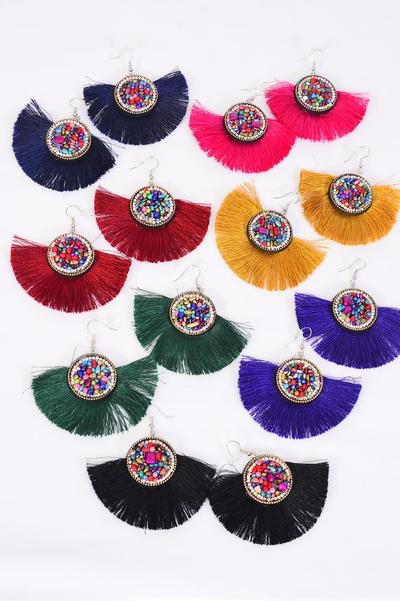 Earrings Fringe Tassels Multi / 12 pair = Dozen Fish Hook , Size - 3" x 2.25" Wide , 2 Bk , 2 Fuchsia , 2 Teal Blue , 2 White , 2 Purple , 1 Orange , 1 Green Asst , Earring Card & OPP Bag & UPC Code