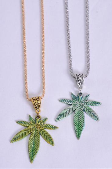 Necklace Chain Cannabis / 12 pcs = Dozen ,Match 00050 Cannabis , Pendant - 1.5" x 1.25" Wide , Chain-18" Extension Chain , 6 Gold , 6 Silver Asst , Hang Tag & OPP Bag & UPC Code