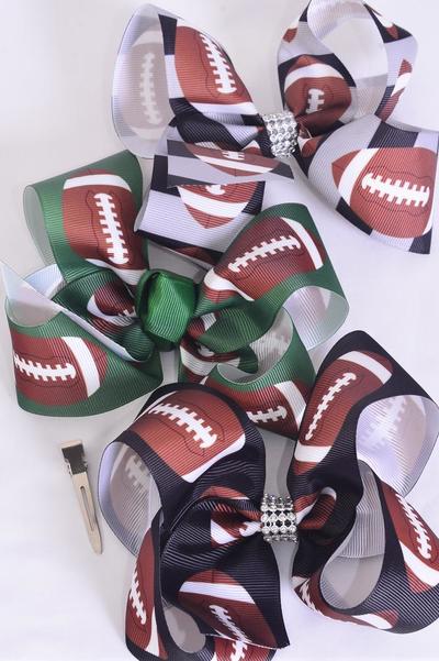 Hair Bow Jumbo Football Grosgrain Bow-tie / 12 pcs Bow = Dozen   Football , Alligator Clip , Bow Size - 6" x 5" Wide , 4 Of Each Pattern Asst , Clip Strip & UPC Code