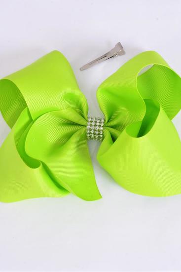 Hair Bow Jumbo Center Clear Stones Lime Green Grosgrain Bow-tie / 12 pcs Bow = Dozen Lime Green , Alligator Clip , Size - 6  x 5" Wide , Clip Strip & UPC Code