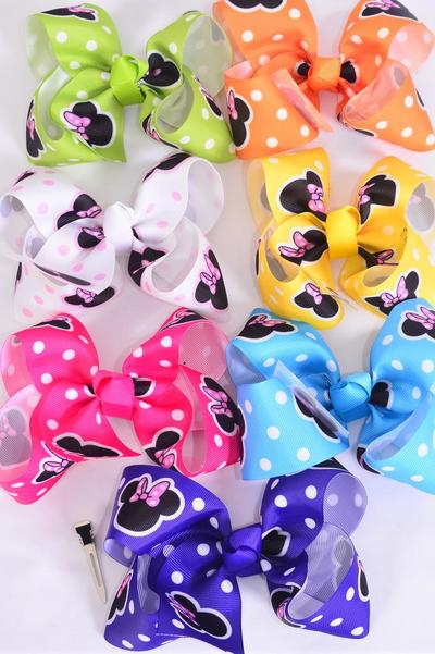 Hair Bow Jumbo Polka dots Mouse Ear Grosgrain Bow-tie / 12 pcs Bow = Dozen Alligator Clip , Size - 6" x 5" Wide , 2 Fuchsia , 2 Blue , 2 White , 2 Purple , 2 Yellow , 1 Orange , 1 Lime Color Asst , Clip Strip & UPC Code