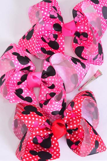 Hair Bow Jumbo Polka dots Mouse Ear Grosgrain Bow-tie / 12 pcs Bow = Dozen  Alligator Clip , Size - 6" x 5" Wide , 4 Hot Pink , 4 Fuchsia , 4 Red Color Mix , Clip Strip & UPC Code