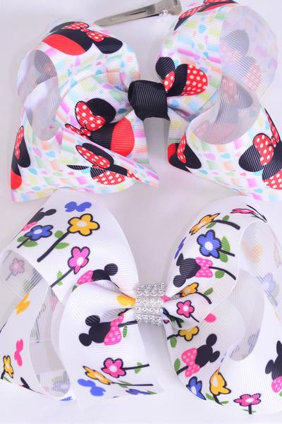 Hair Bow Jumbo Polka dots Mouse Ear Grosgrain Bow-tie / 12 pcs Bow = Dozen Alligator Clip , Size - 6" x 5" Wide , 6 Of each Pattern Asst , Clip Strip and UPC Code