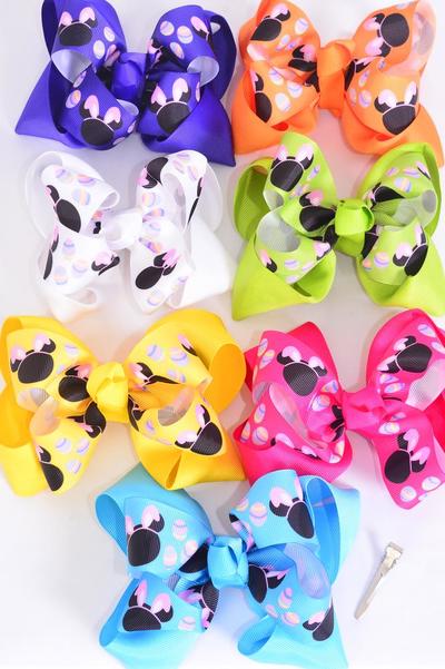 Hair Bow Jumbo Double Layered Mouse Ear Citrus Grosgrain Bow-tie / 12 pcs Bow = Dozen Alligator Clip , Size - 6" x 5" Wide , 2 Fuchsia , 2 Blue , 2 White , 2 Purple , 2 Yellow , 1 Orange, 1 Lime Color Asst , Clip Strip & UPC Code