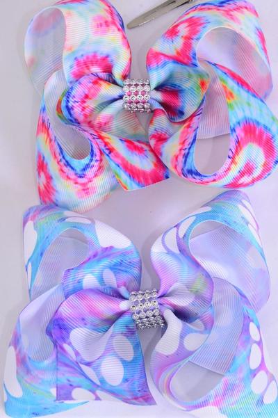 Hair Bow Jumbo Paw Print Gradient Tiedye Mix Grosgrain Bow-tie / 12 pcs Bow = Dozen  Alligator Clip , Size - 6" x 5" Wide , 6 Of Each Pattern Asst , Clip Strip & UPC Code