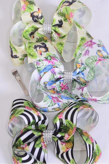 Hair Bow Jumbo Tropical Birds Grosgrain Bow-tie /  12 pcs Bow = Dozen  Alligator Clip , Size - 6" x 5" Wide , 4 of each Pattern Asst , Clip Strip and UPC Code