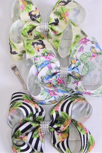 Hair Bow Jumbo Tropical Birds Grosgrain Bow-tie /  12 pcs Bow = Dozen  Alligator Clip , Size - 6" x 5" Wide , 4 of each Pattern Asst , Clip Strip and UPC Code