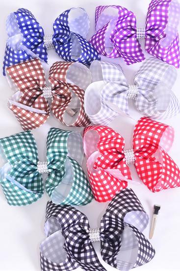 Hair Bow Jumbo Plaid Dark Multi Grosgrain Bow-tie / 12 pcs Bow = Dozen Alligator Clip , Size - 6"x 5" Wide , 2 Black , 2 Brown , 2 Purple , 2 Burgundy , 2 Navy , 1 Hunter Green , 1 Gray Color Asst , Clip Strip & UPC Code.