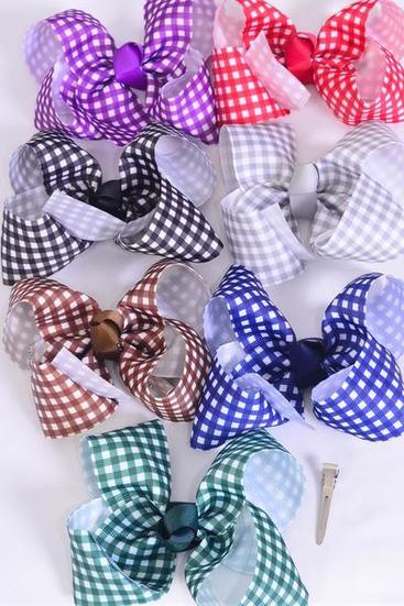 Hair Bow Jumbo Plaid Dark Multi Grosgrain Bow-tie / 12 pcs Bow = Dozen Alligator Clip , Size - 6" x 5" , 2 Black , 2 Brown , 2 Purple , 2 Burgundy , 2 Navy , 1 Hunter Green , 1 Gray Color Asst , Clip Strip & UPC Code.