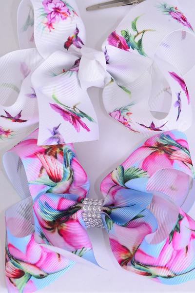 Hair Bow Jumbo Bird Grosgrain Bow-tie Hummingbird /  12 pcs Bow = Dozen  Alligator Clip , Size - 6" x 5" Wide , 6 Of Each Pattern Asst , Clip Strip & UPC Code