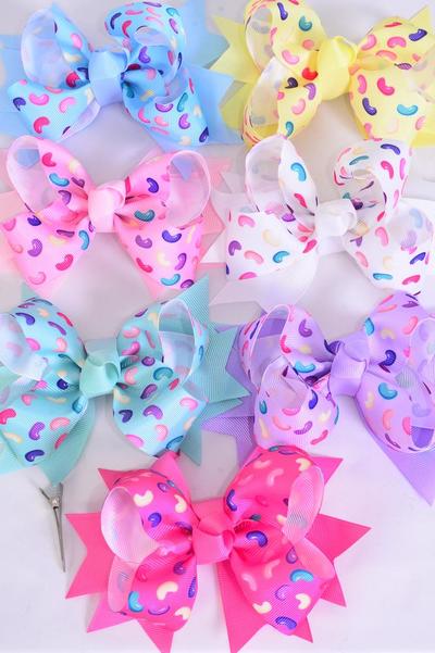 Hair Bow Jumbo Double Layered Jelly Bean Candies Pastel Grosgrain Bow-tie / 12 pcs Bow = Dozen Alligator Clip , Size - 6" x 5" Wide , 2 White , 2 Pink , 2 Hot Pink , 2 Lavender , 2 Mint Green , 1 Yellow , 1 Blue Color Mix , Clip Strip & UPC Code