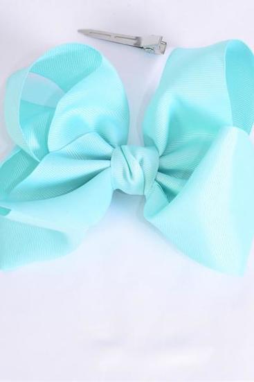 Hair Bow Extra Jumbo Cheer Type Bow Aqua Grosgrain Bow-tie / 12 pcs Bow = Dozen Alligator Clip , Size - 8" x 7" Wide ,  Clip Strip & UPC Code