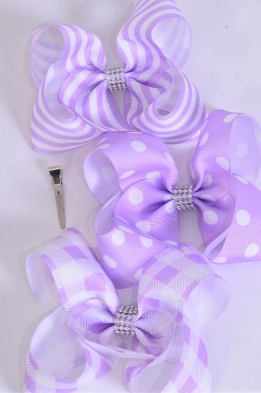 Hair Bow Jumbo Plaid Polka dots Stripe Mix Grosgrain Bow-tie Lavender / 12 pcs Bow = Dozen Alligator Clip , Bow - 6" x 5" Wide , 4 of each Pattern Asst , Clip Strip & UPC Code