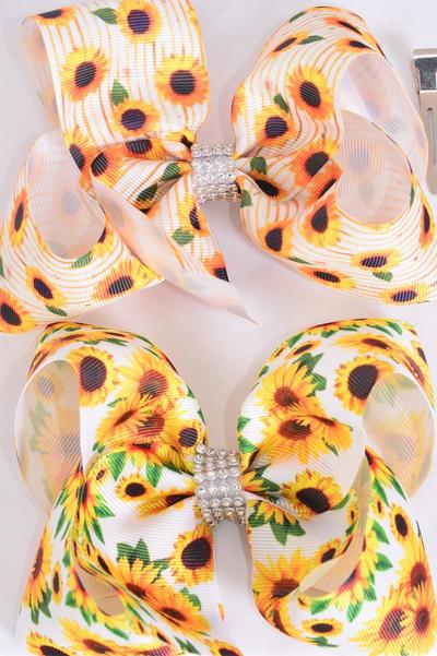 Hair Bow Jumbo Happy Sunflowers Grosgrain Bow-tie / 12 pcs Bow = Dozen  Alligator Clip , Size - 6" x 5" Wide , 6 Of Each Pattern Asst , Clip Strip & UPC Code