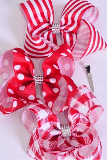 Hair Bow Jumbo Plaid Polka dots Stripe Mix Grosgrain Bow-tie Red / 12 pcs Bow = Dozen Alligator Clip , Bow - 6" x 5" Wide , 4 of each Pattern Asst , Clip Strip & UPC Code