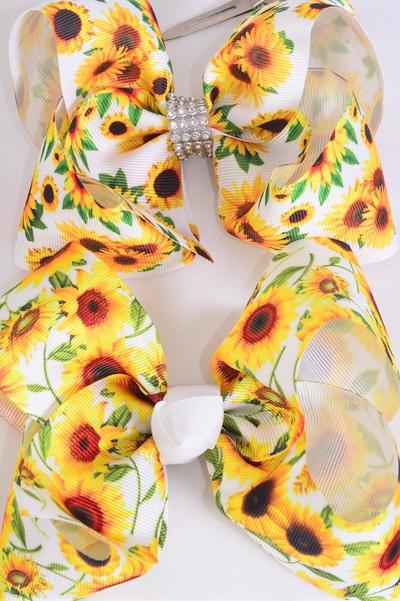 Hair Bow Jumbo Happy Sunflowers Grosgrain Bow-tie / 12 pcs Bow = Dozen  Sunflowers , Alligator Clip , Size - 6" x 5" Wide , 6 Of Each Pattern Asst , Clip Strip & UPC Code