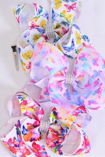 Hair Bow Jumbo Butterfly Grosgrain Bow-tie / 12 pcs Bow = Dozen Alligator Clip , Size - 6" x 5" Wide , 4 Of each Pattern Asst , Clip Strip & UPC Code