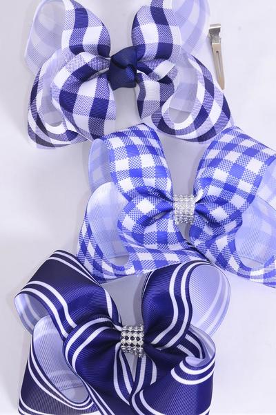 Hair Bow Jumbo Navy Plaid Stripe Mix Grosgrain Bow-tie / 12 pcs Bow = Dozen  Alligator Clip , Size - 6" x 5" Wide , 4 Of each Pattern Asst , Clip Strip and UPC Code