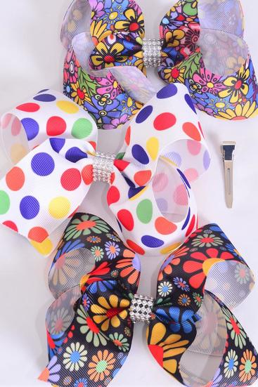 Hair Bow Jumbo Abstract Flower Power Polka dots Grosgrain Bow-tie / 12 pcs Bow = Dozen  Alligator Clip , Size - 6" x 5" Wide , 4 of each Pattern Asst , Clip Strip & UPC Code