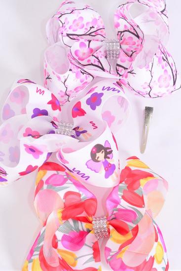 Hair Bow Jumbo Tulip Cherry Blossoms Fairy Mix Grosgrain Bow-tie /  12 pcs Bow = Dozen Alligator Clip , Size - 6" x 5" Wide , 4 of each Pattern , Clip Strip & UPC Code