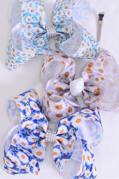 Hair Bow Jumbo Daisy Flower Mix Grosgrain Bow-tie /  12 pcs Bow = Dozen Daisy , Alligator Clip , Size - 6" x 5" Wide , 4 of each Pattern , Clip Strip & UPC Code