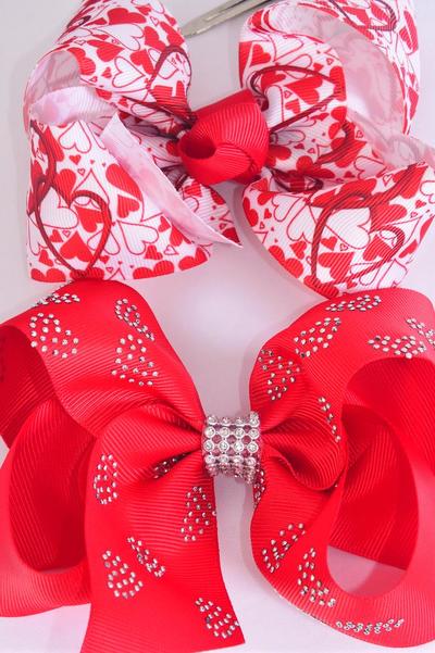 Hair Bow Jumbo Heart Grosgrain Bow-tie / 12 pcs Bow = Dozen Alligator Clip , Size - 6" x 5" Wide , 6 Of Each Pattern Asst , Clip Strip and UPC Code