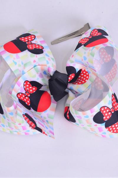 Hair Bow Jumbo Mouse Ear Polka dots Grosgrain Bow-tie / 12 pcs = Dozen  Alligator Clip , Size - 6" x 5" Wide , Clip Strip & UPC Code