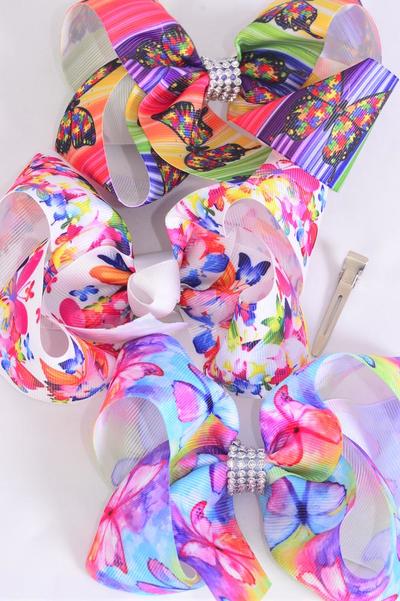 Hair Bow Jumbo Butterfly Grosgrain Bow-tie / 12 pcs Bow = Dozen Alligator Clip ,  Size - 6" x 5" Wide , 4 Of each Pattern Asst , Clip Strip and UPC Code