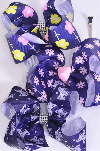 Hair Bow Jumbo Flower Bowtie Mix Grosgrain Bow-tie / 12 pcs Bow = Dozen Alligator Clip , Size - 6" x 5" Wide , 4 of each Pattern , Clip Strip & UPC Code